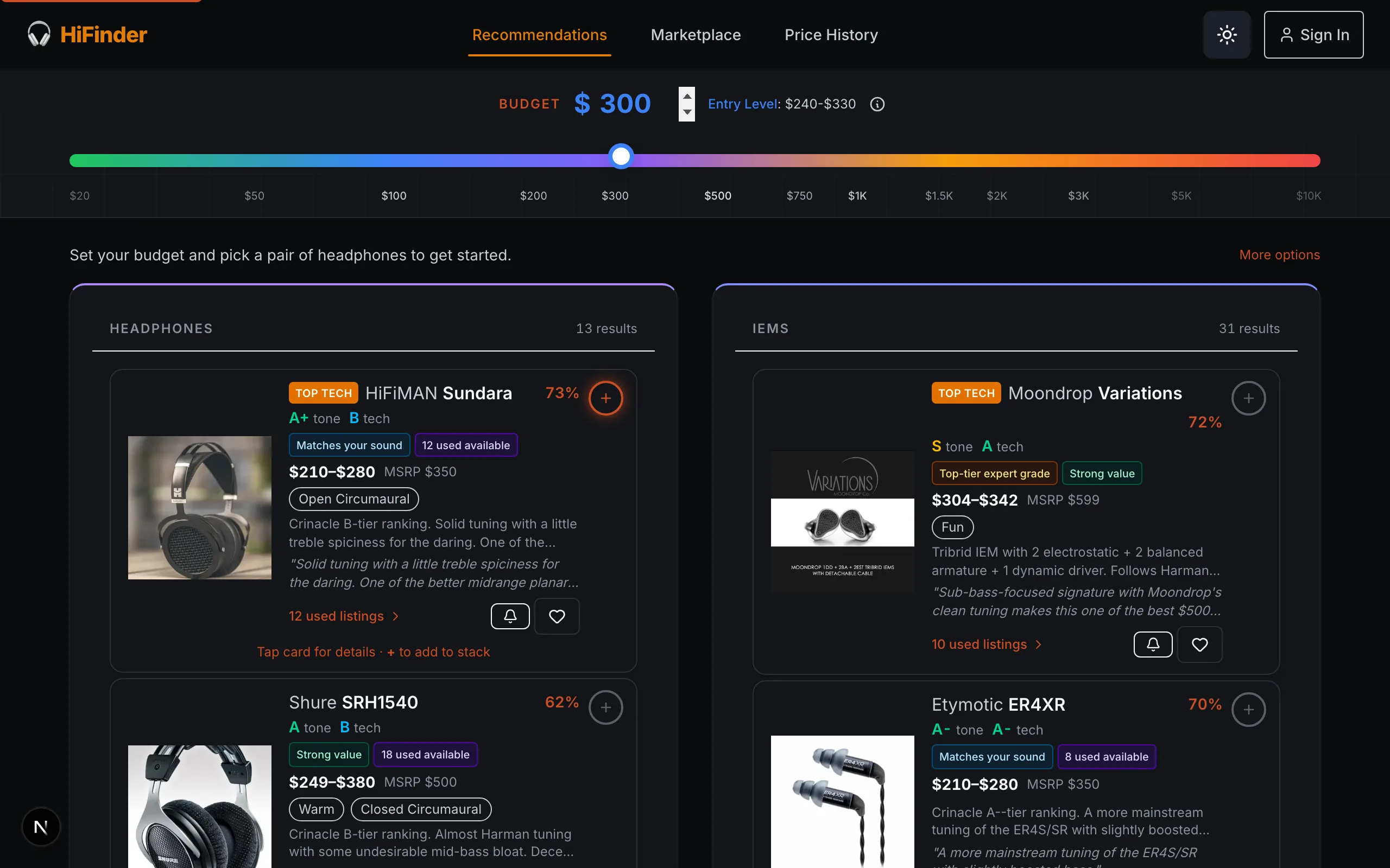 HiFinder recommendation engine showing matched headphones and audio equipment