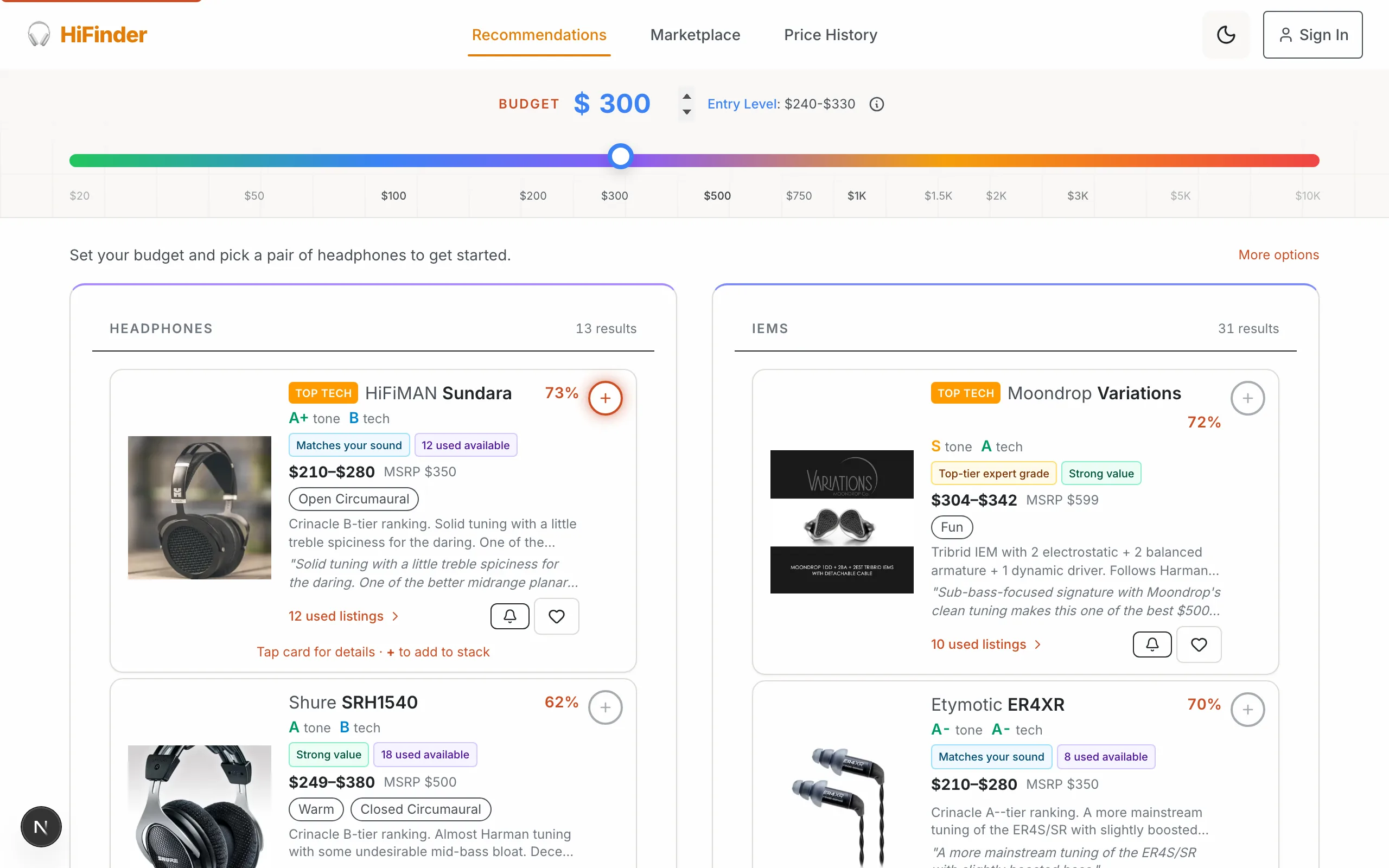 HiFinder recommendation engine showing matched headphones and audio equipment