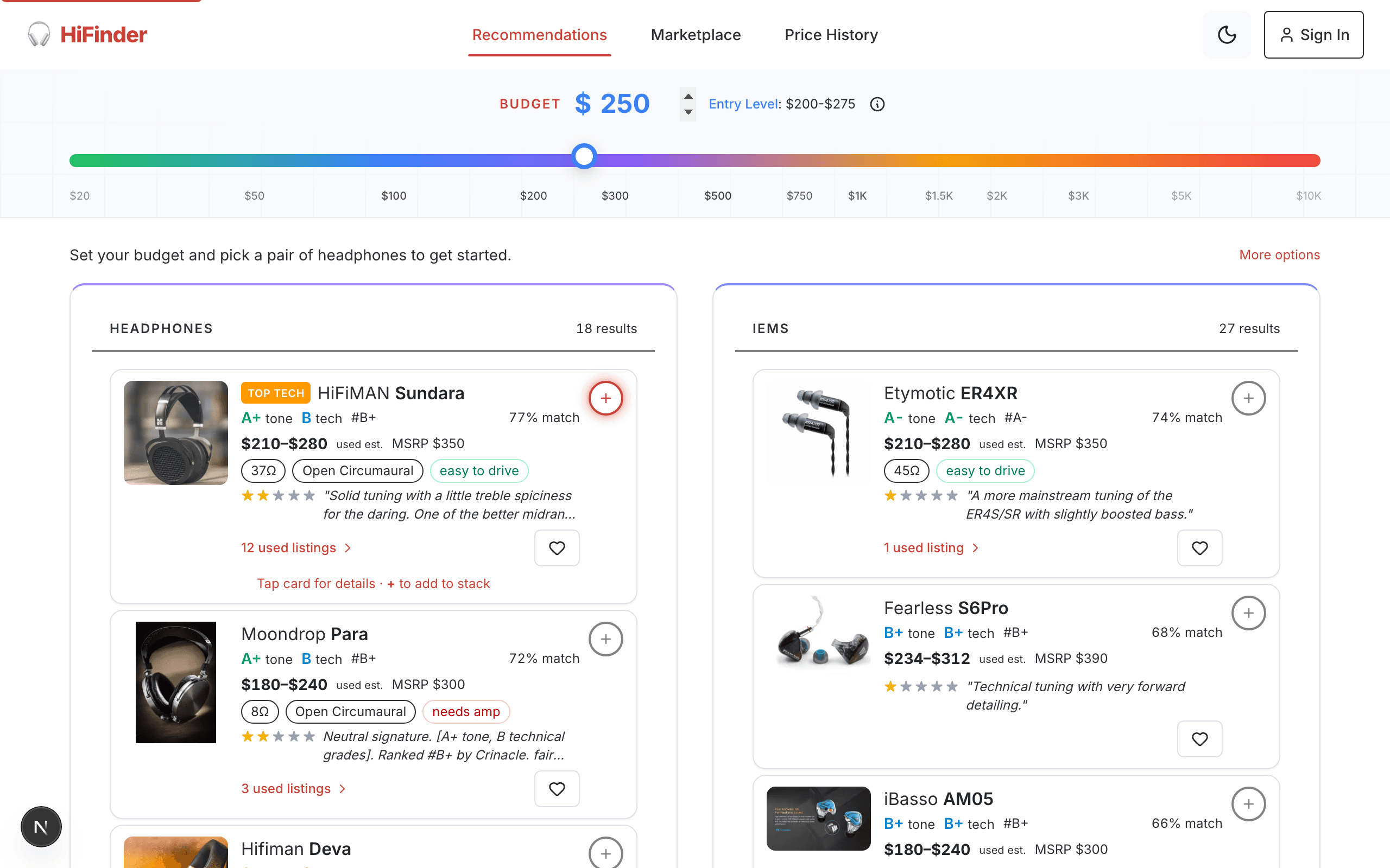 HiFinder recommendation engine showing matched headphones and audio equipment